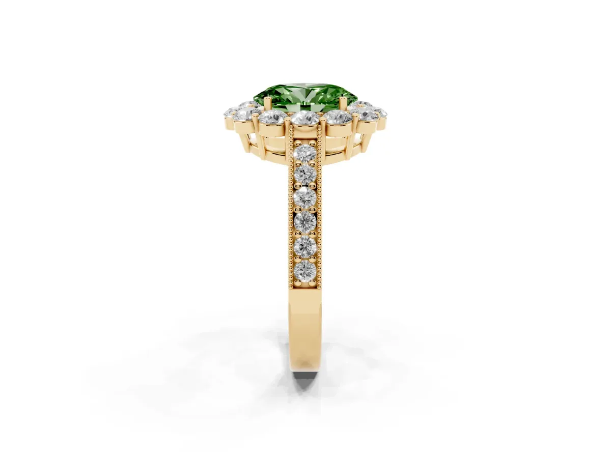 Fancy Green Oval Cut Cut Halo Diamond Pavé Engagement Ring with Milgrain Detailing Yellow gold