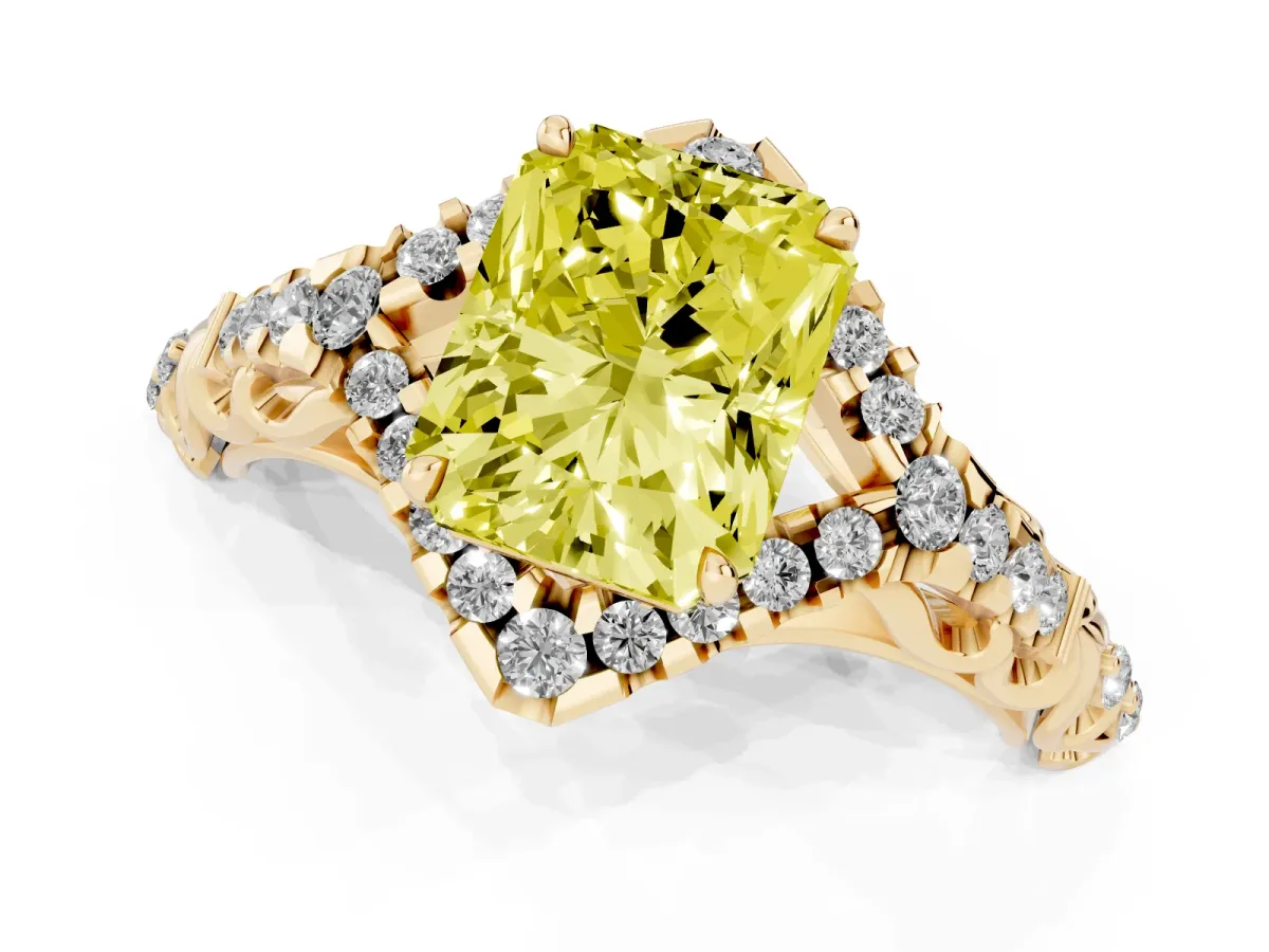 Fancy Yellow Radiant Cut Diamond Solitaire Ring with Hidden Halo and Pavé Band Yellow gold
