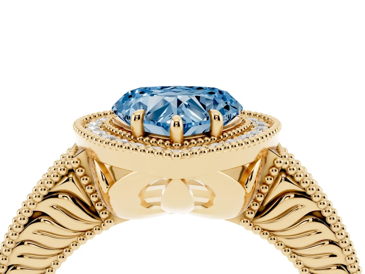 Fancy Blue Heart Cut Cut Halo Diamond Ring with Pavé Band and Four-Prong Setting Yellow gold
