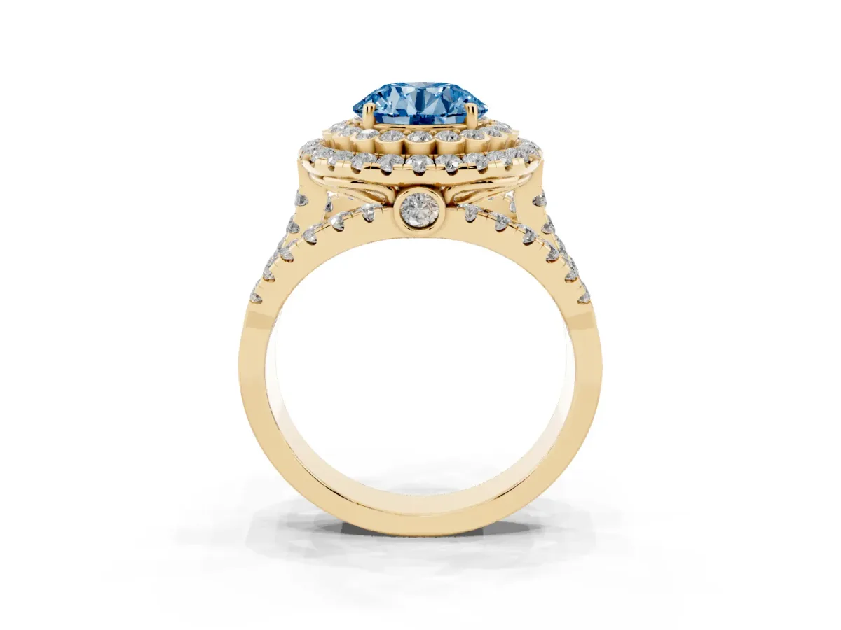 Fancy Blue Round Cut Diamond Double Halo Ring with Round Pavé Split Shank and Prong Setting Yellow gold