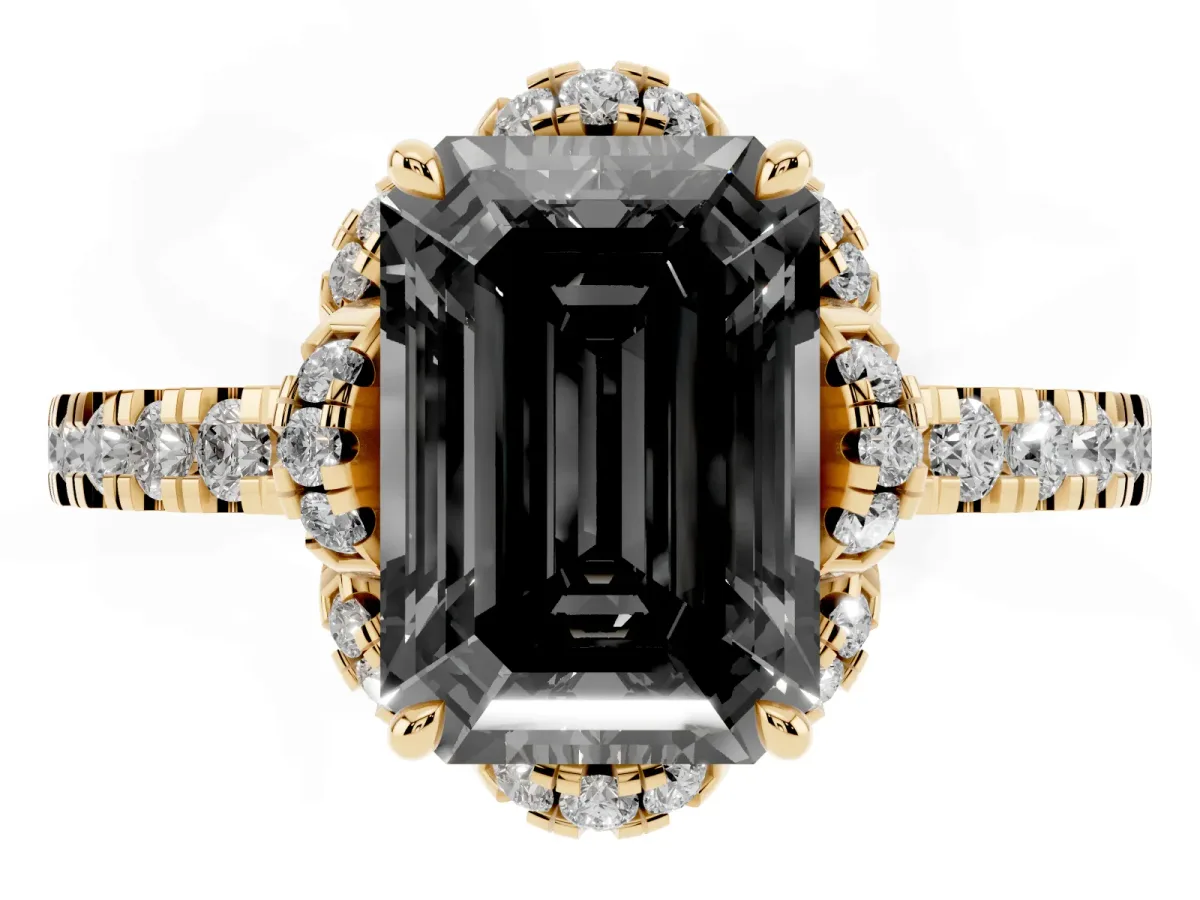 Fancy Black Emerald Cut Diamond Halo Pave Band with Four-Prong Setting Yellow gold