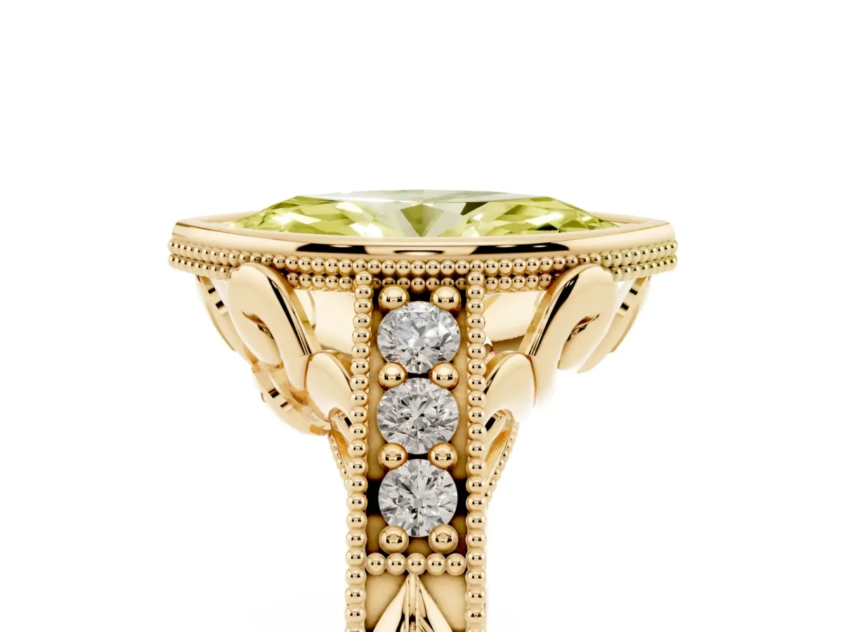 Fancy Yellow Bezel Set Marquise Cut Diamond Milgrain Pave Engagement Ring Yellow gold