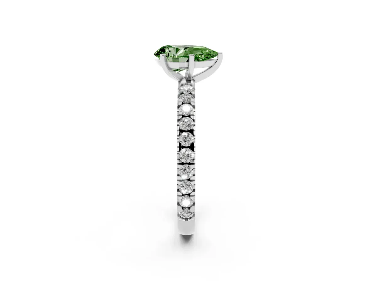 Fancy Green Pear Cut Diamond Pavé Band Solitaire with Four-Prong Setting Silver