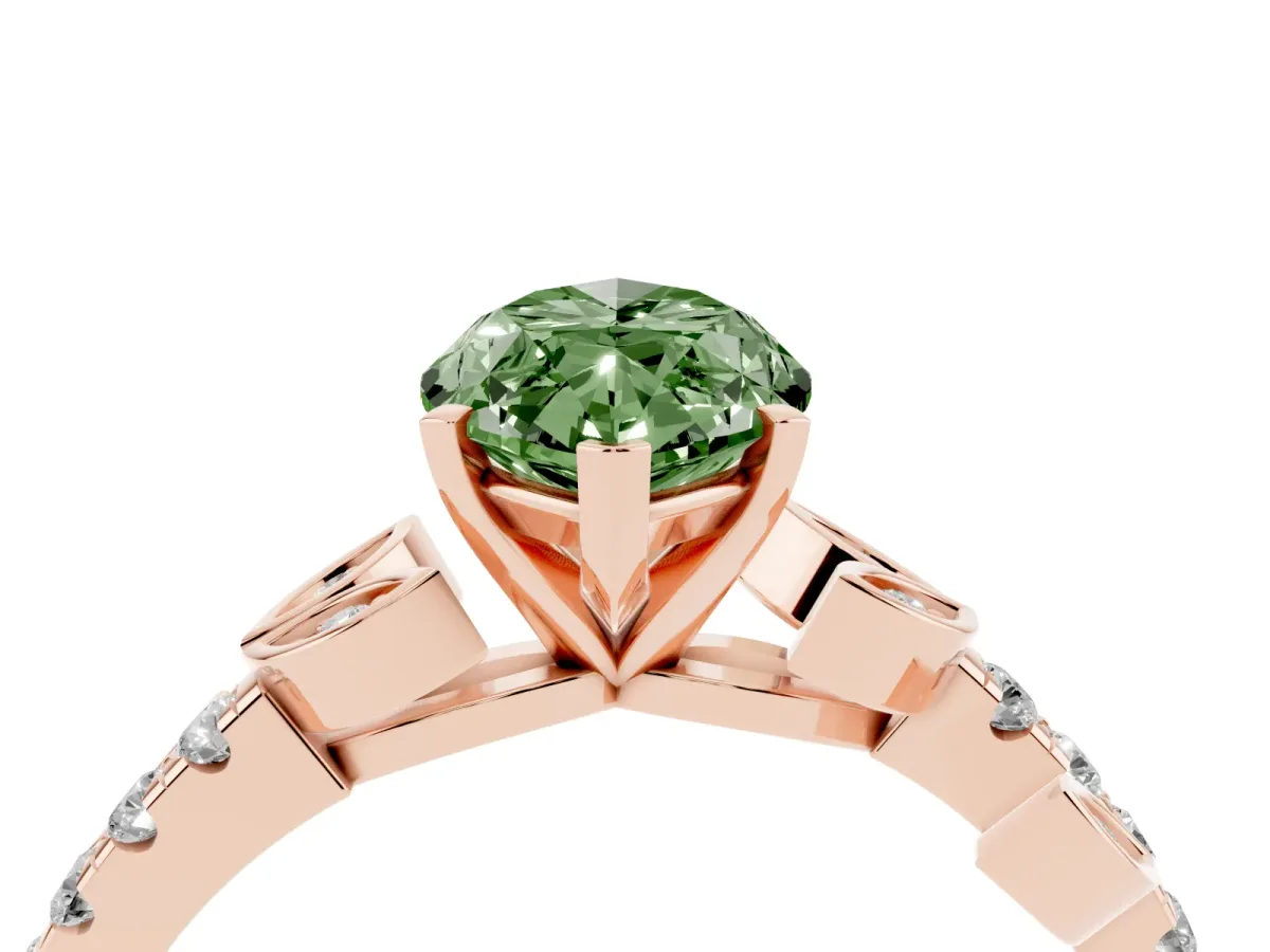 Fancy Green Marquise Cut Solitaire Leaf-Inspired Diamond Ring with Pavé Band and Four-Prong Setting Rose gold