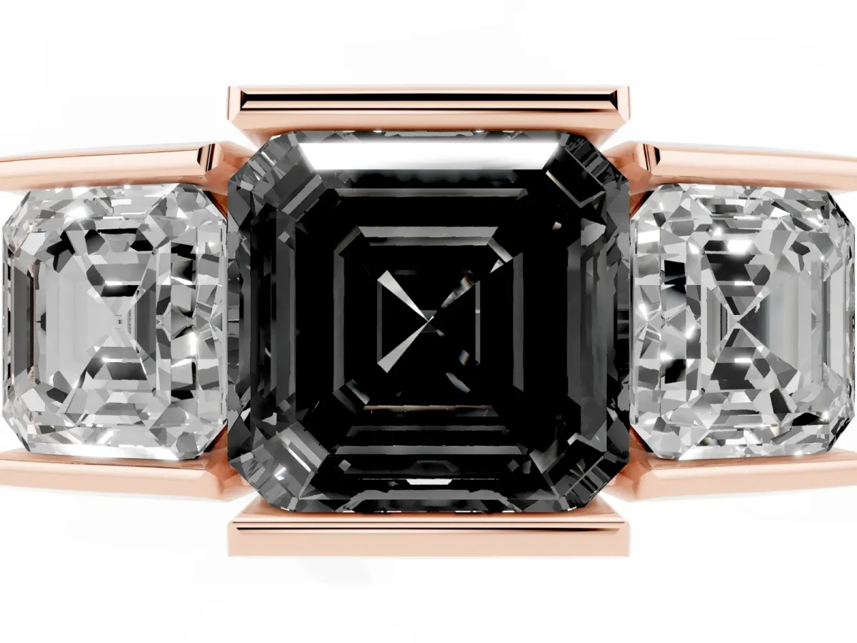 Fancy Black Three Stone Asscher Cut Cut Channel Set Diamond Ring Rose gold