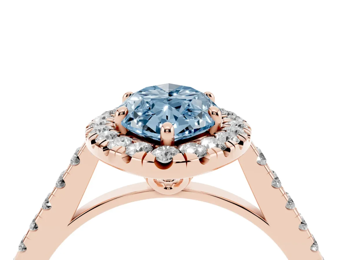 Fancy Blue Marquise Cut Halo Pavé Diamond Engagement Ring with Four-Prong Setting Rose gold