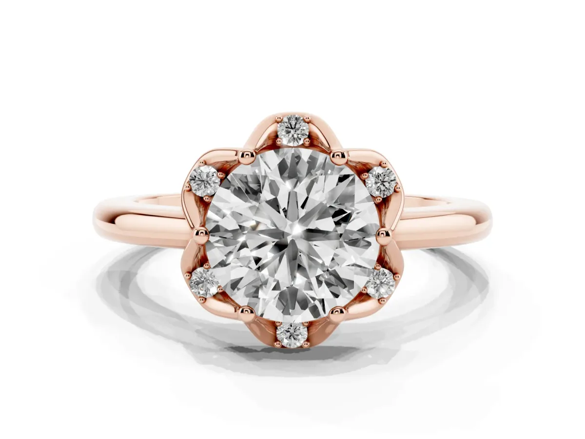 Round Cut Halo Diamond Ring with Round Cluster Setting, Solitaire Band, and Four-Prong Setting Rose gold
