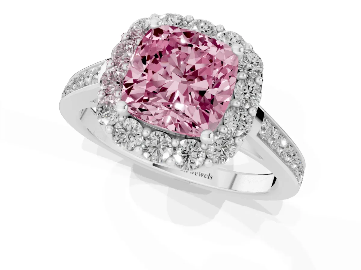 Fancy Pink Cushion Cut Diamond Floral Halo Ring with Pavé Band and Prong Setting White gold