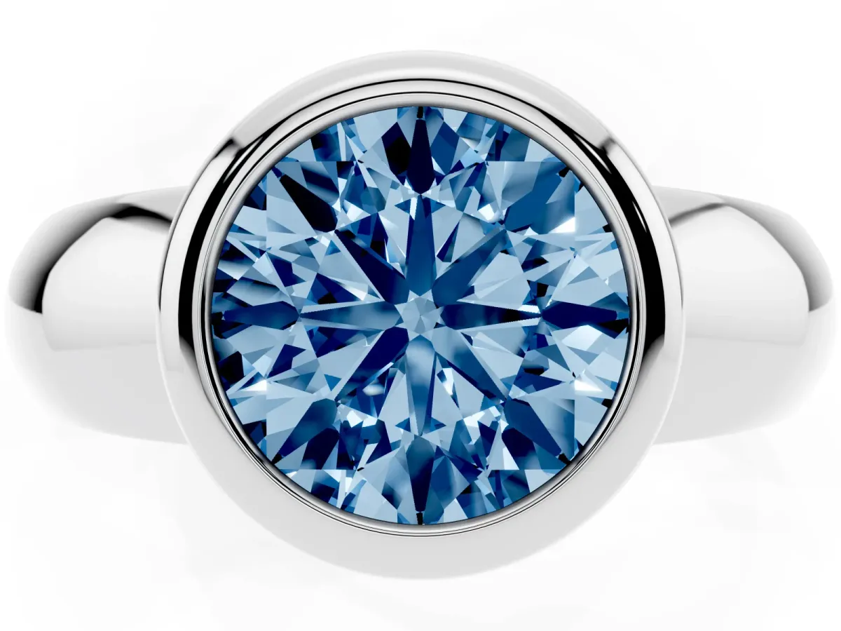 Fancy Blue Bezel Set Round Cut Solitaire Ring with Wide Band Platinum