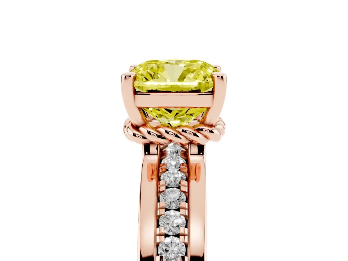 Fancy Yellow Cushion Cut Solitaire Diamond Ring with Channel Set Band and Six-Prong Setting Rose gold