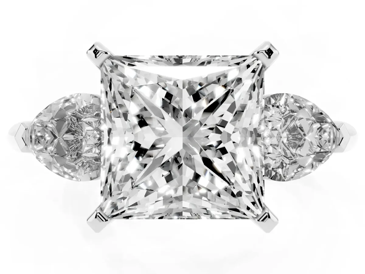 Three-Stone Princess Cut Diamond Ring with Pear Side Stones and Four-Prong Setting Platinum