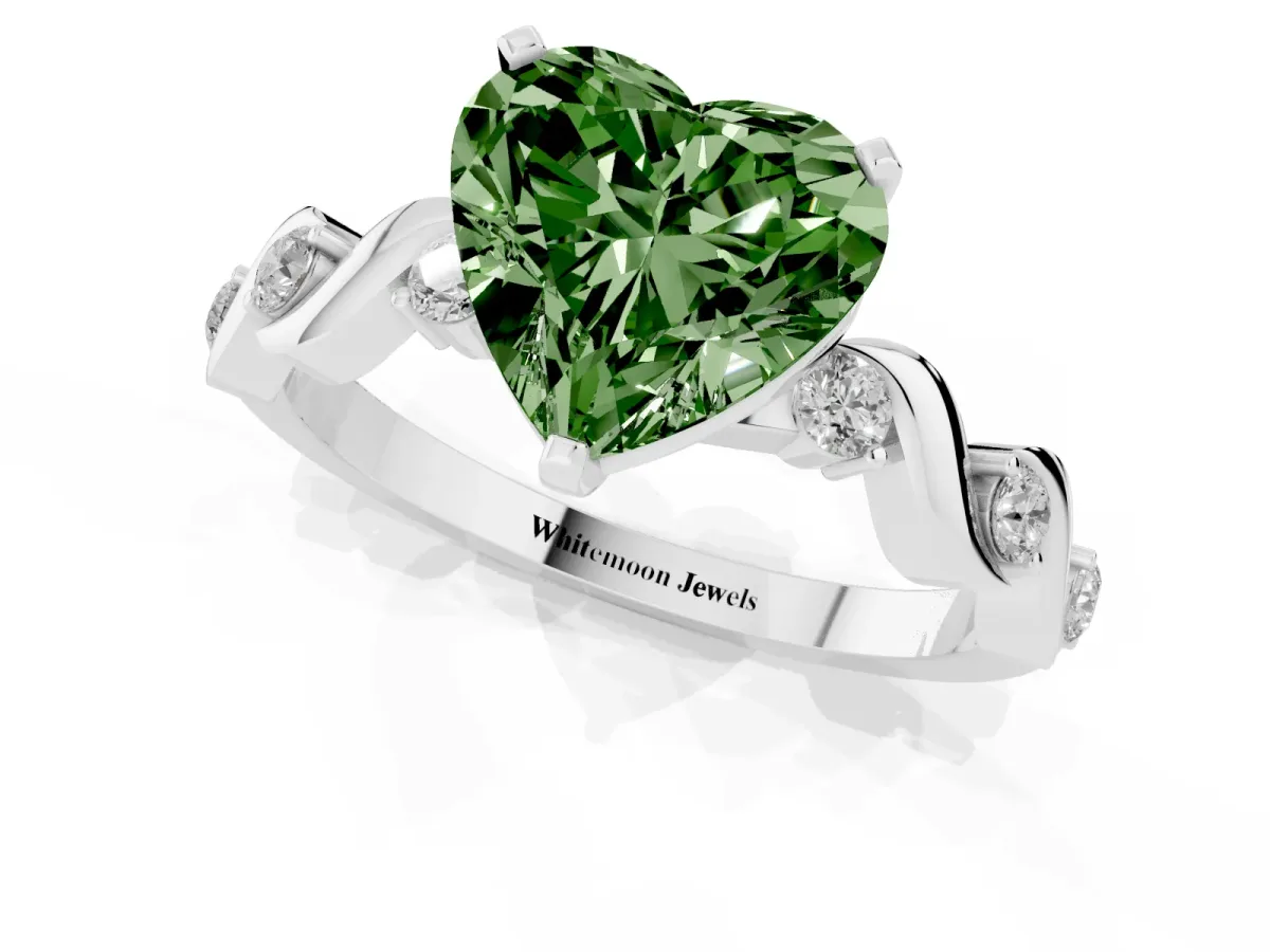 Fancy Green Heart Cut Diamond Solitaire Twisted Band with Round Accents and Prong Setting Platinum