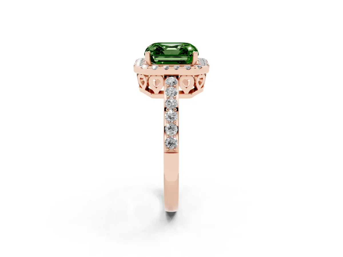 Fancy Green Asscher Cut Halo Diamond Pavé Band Ring with Prong Setting Rose gold