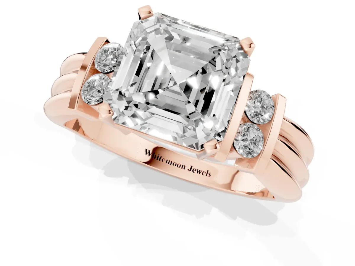 Asscher Cut Cut Three-Stone Channel Set Ring with Bar Prongs Rose gold
