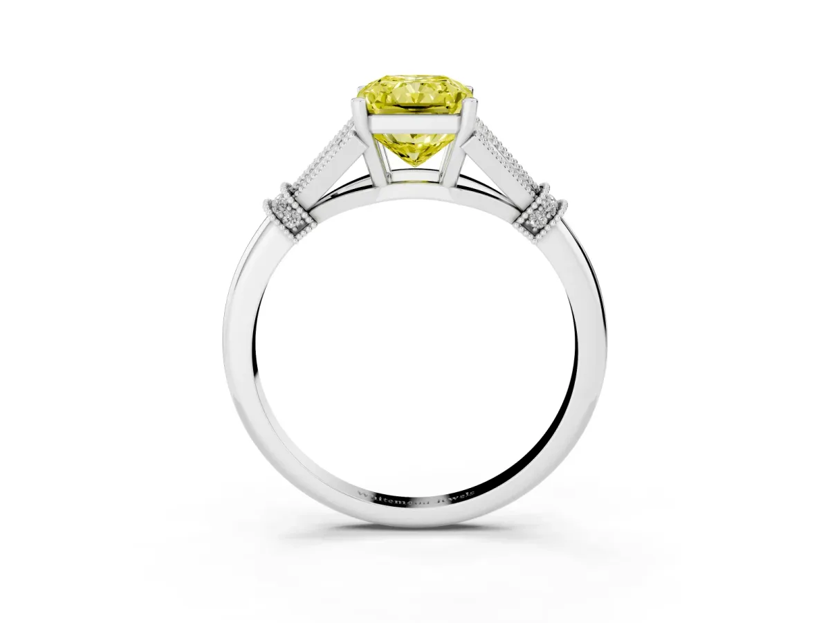 Fancy Yellow Radiant Cut Diamond Solitaire Ring with Floral Filigree and Pave Accents Silver