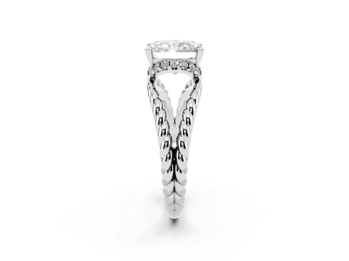 Radiant Cut Halo Twisted Band Four-Prong Ring Silver