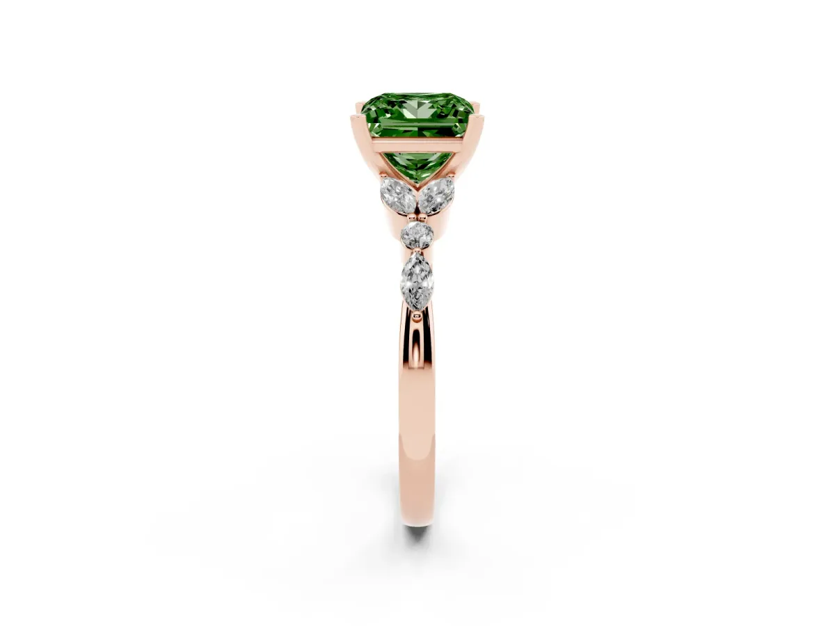 Fancy Green Princess Cut Diamond Solitaire Ring with Side Stones and Four-Prong Setting Rose gold