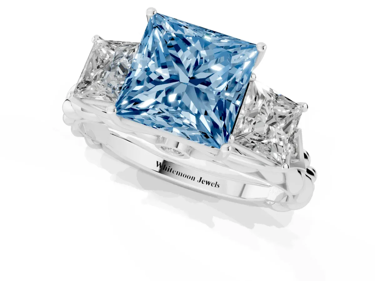 Fancy Blue Three-Stone Princess Cut Diamond Braided Band Ring with Four-Prong Setting Platinum