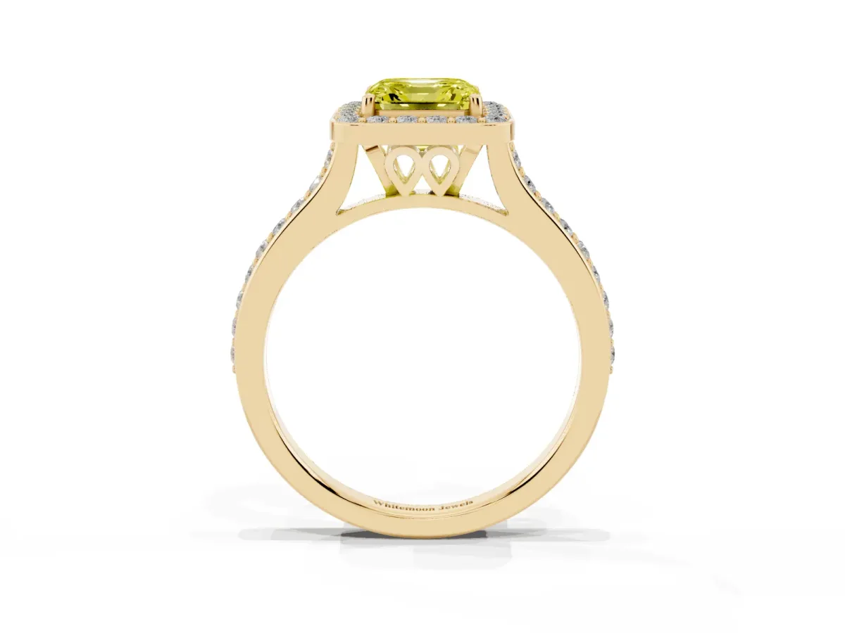 Fancy Yellow Asscher Cut Diamond Halo Engagement Ring with Round Pavé Shoulders and Prong Setting Yellow gold