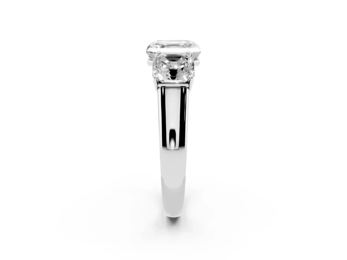 Asscher Cut Three-Stone Diamond Ring with Prong Setting on a Classic Band Platinum