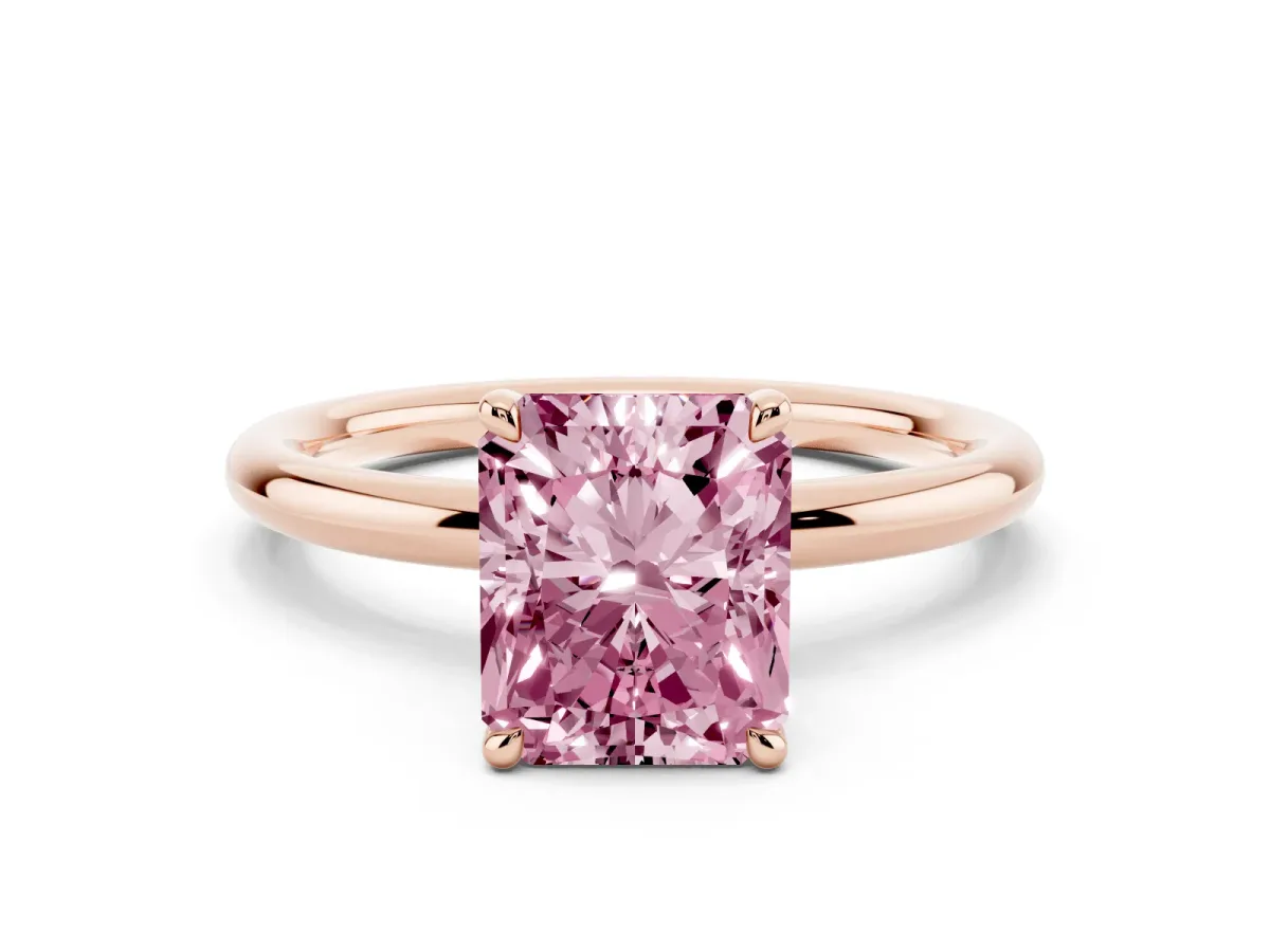 Fancy Pink Radiant Cut Diamond Solitaire Ring with Thin Band and Four-Prong Setting Rose gold