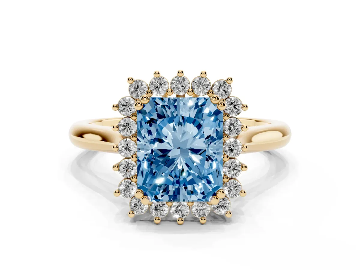 Fancy Blue Radiant Cut Cut Diamond Halo Ring with Solitaire Band and Prong Setting Yellow gold