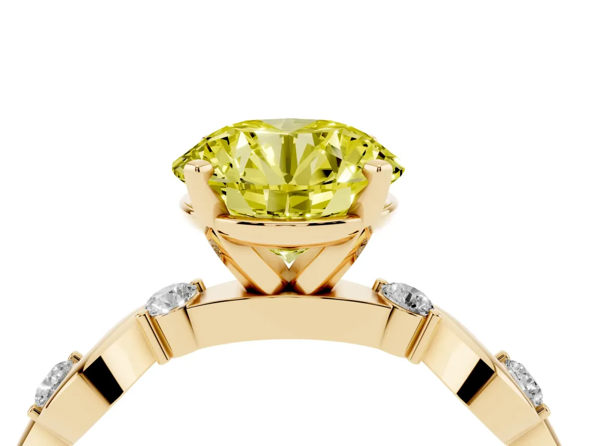 Fancy Yellow Round Cut Diamond Solitaire Twisted Band with Round Accents and Prong Setting Yellow gold
