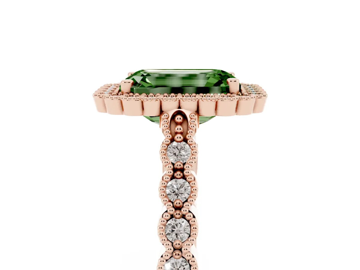 Fancy Green Emerald Cut Cut Halo Pavé Solitaire Ring with Milgrain Band Rose gold