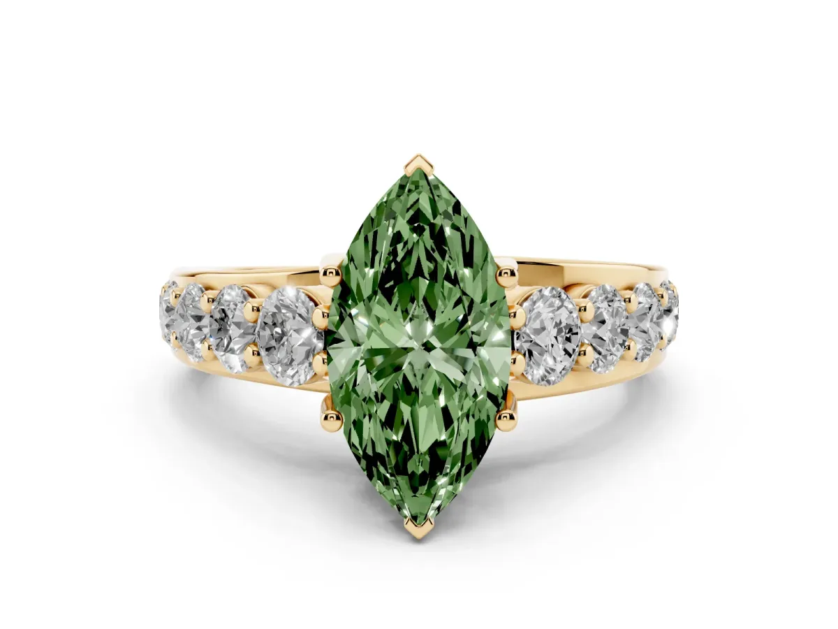 Fancy Green Marquise Cut Diamond Engagement Ring with Pavé Band and Four-Prong Setting Yellow gold