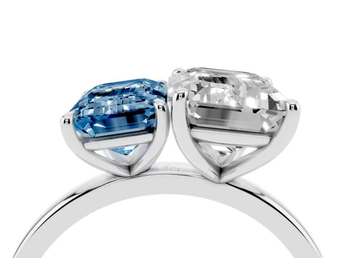 Fancy Blue Emerald Cut and Emerald Cut Toi Moi Ring with Prong Setting Silver