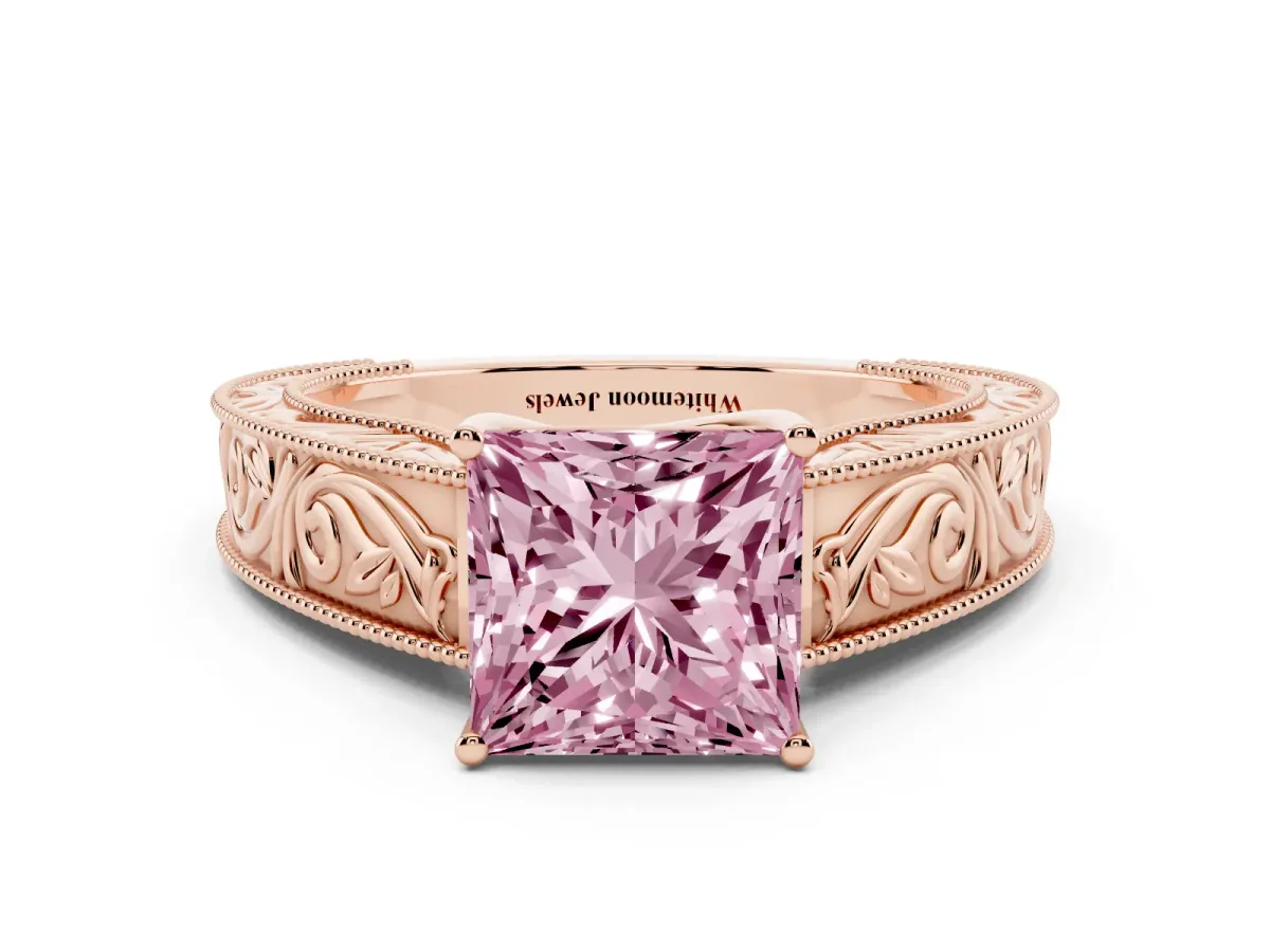 Fancy Pink Princess Cut Diamond Solitaire Ring with Engraved Band and Four-Prong Setting Rose gold