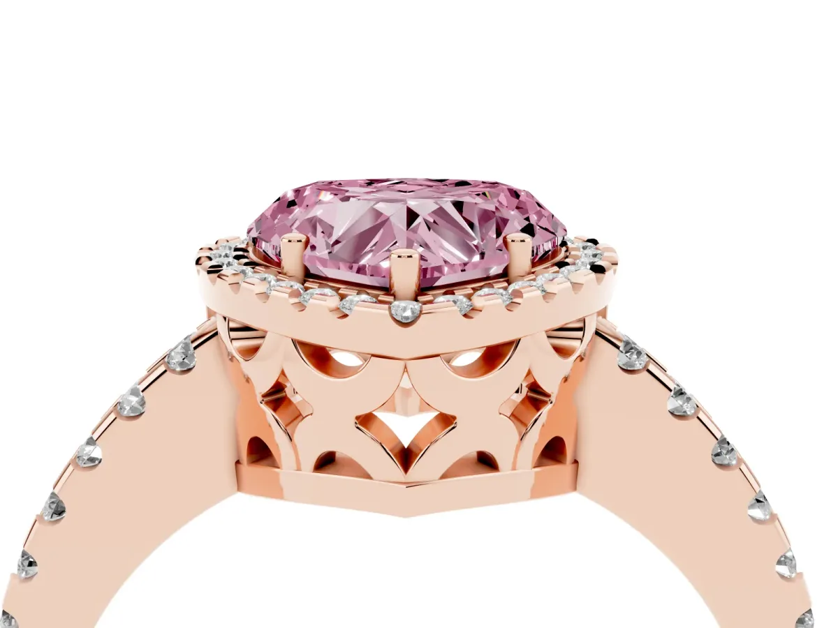 Fancy Pink Heart Cut Diamond Halo Engagement Ring with Pavé Band and Prong Setting Rose gold