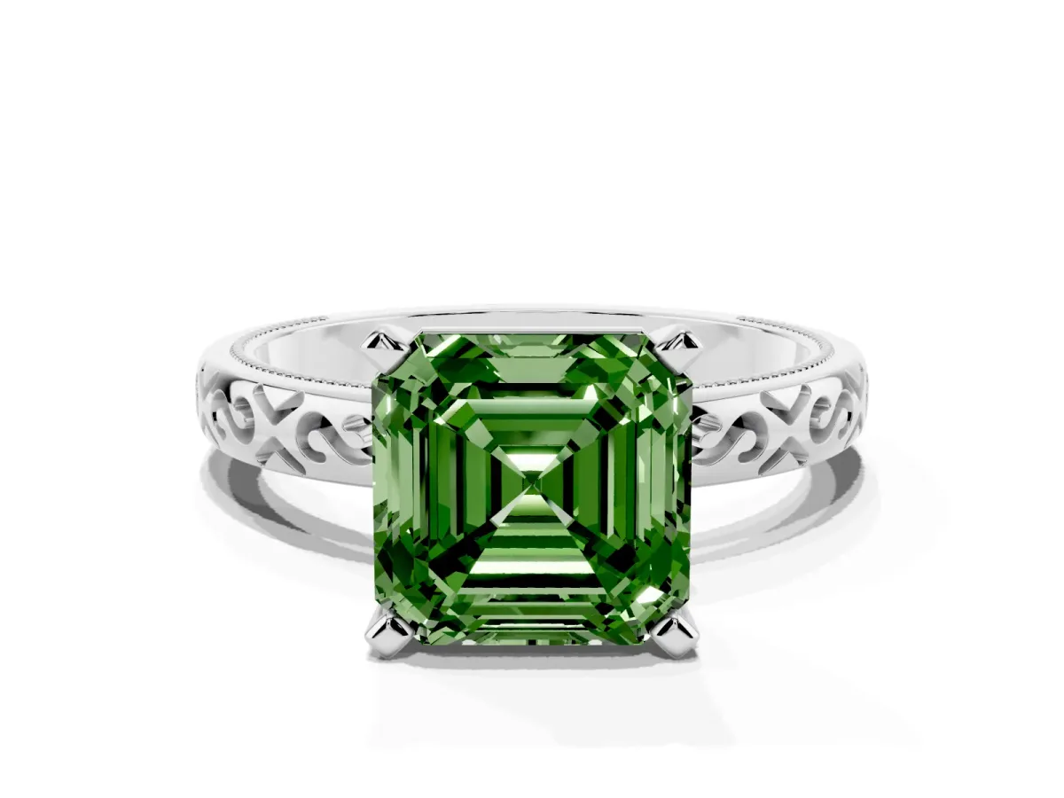 Fancy Green Asscher Cut Solitaire Engagement Ring with Scrollwork Band and Four-Prong Setting Silver