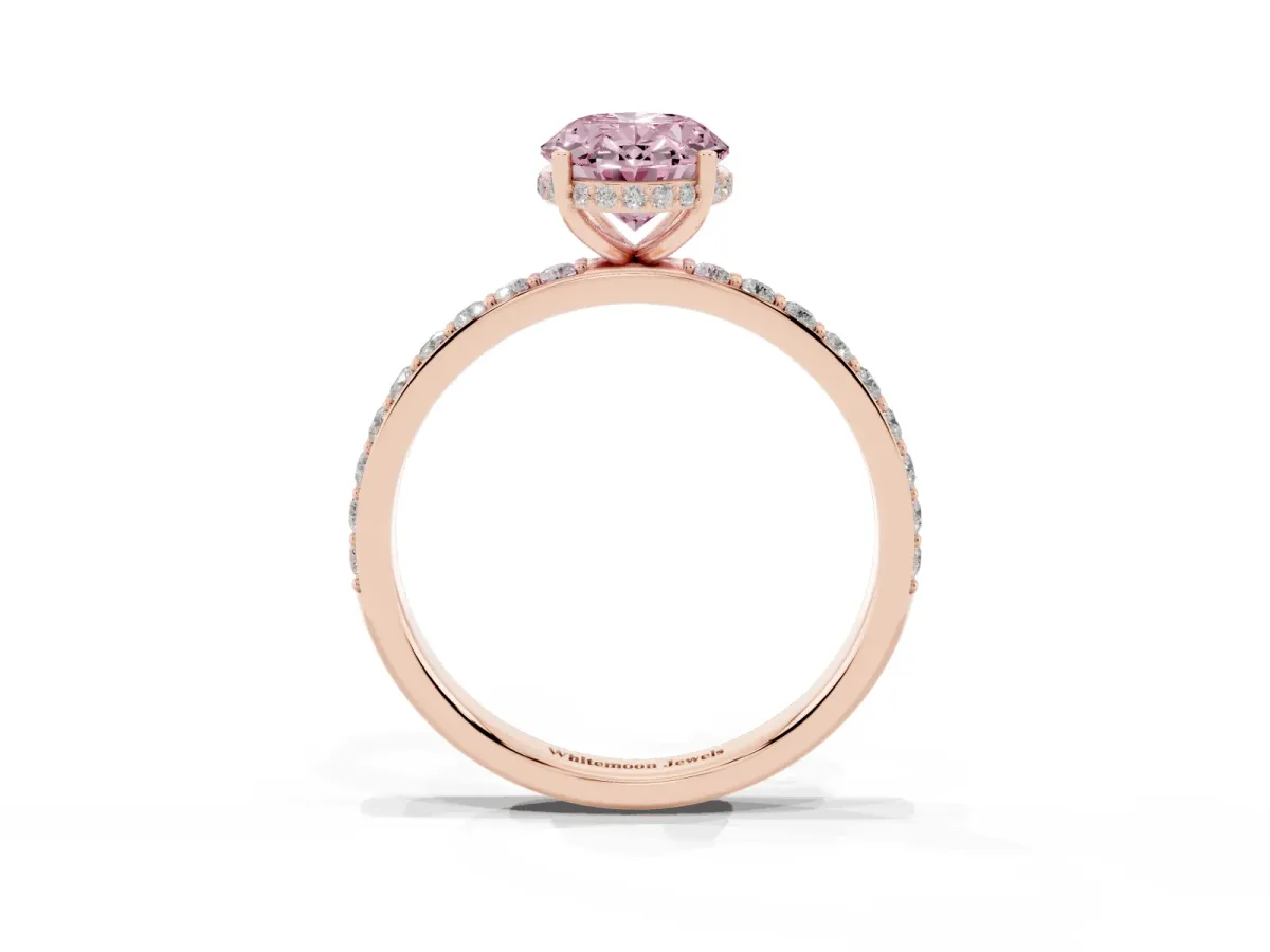 Fancy Pink Oval Cut Diamond Solitaire Ring with Pavé Band and Hidden Halo Rose gold