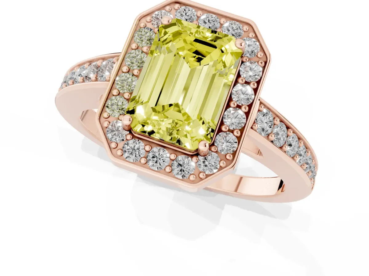 Fancy Yellow Emerald Cut Halo Pavé Diamond Engagement Ring with Bezel Setting Rose gold