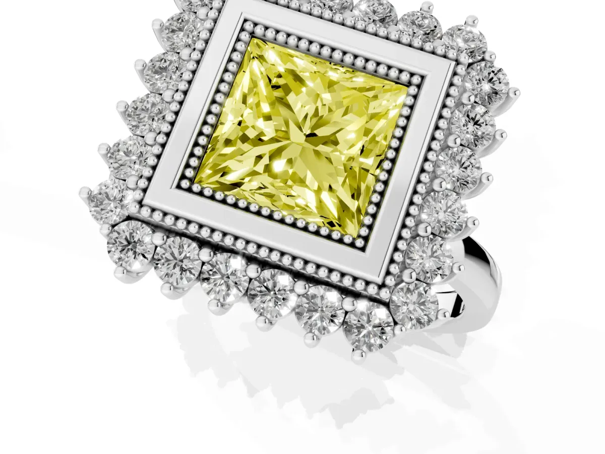 Fancy Yellow Princess Cut Halo Diamond Ring with Milgrain Edge and Round Prong Setting Silver