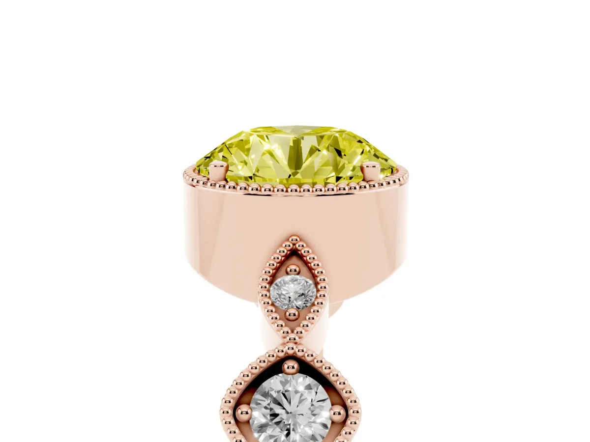 Fancy Yellow Round Cut Diamond Vintage Milgrain Ring with Round Stations Rose gold