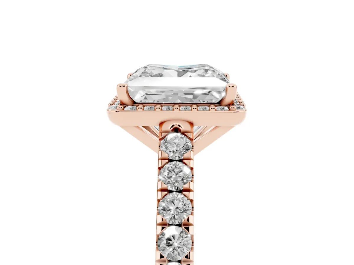 Princess Cut Cut Halo Diamond Engagement Ring with Pave Band and Four-Prong Setting Rose gold