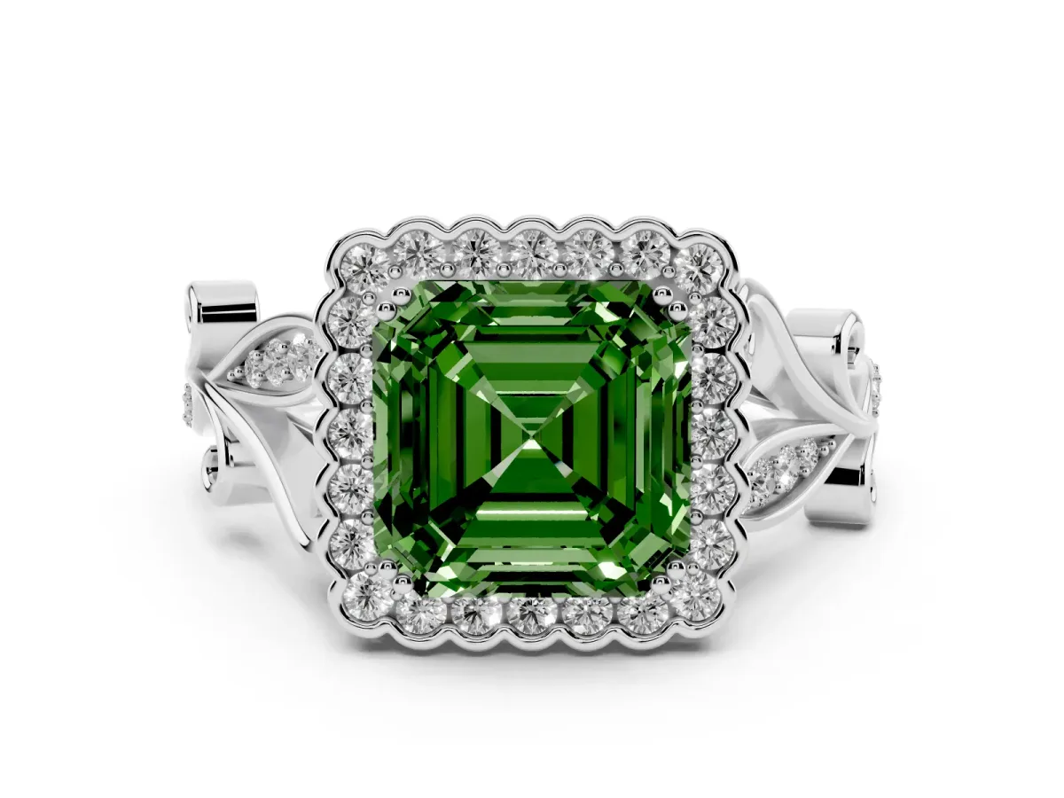 Fancy Green Asscher Cut Diamond Halo Ring with Vintage Split Shank and Four-Prong Setting Silver