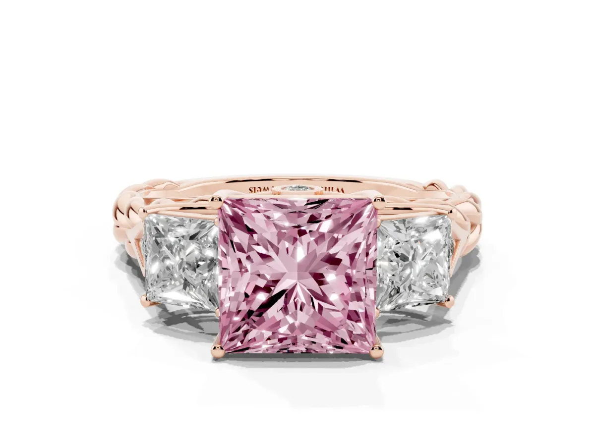 Fancy Pink Three-Stone Princess Cut Diamond Braided Band Ring with Four-Prong Setting Rose gold