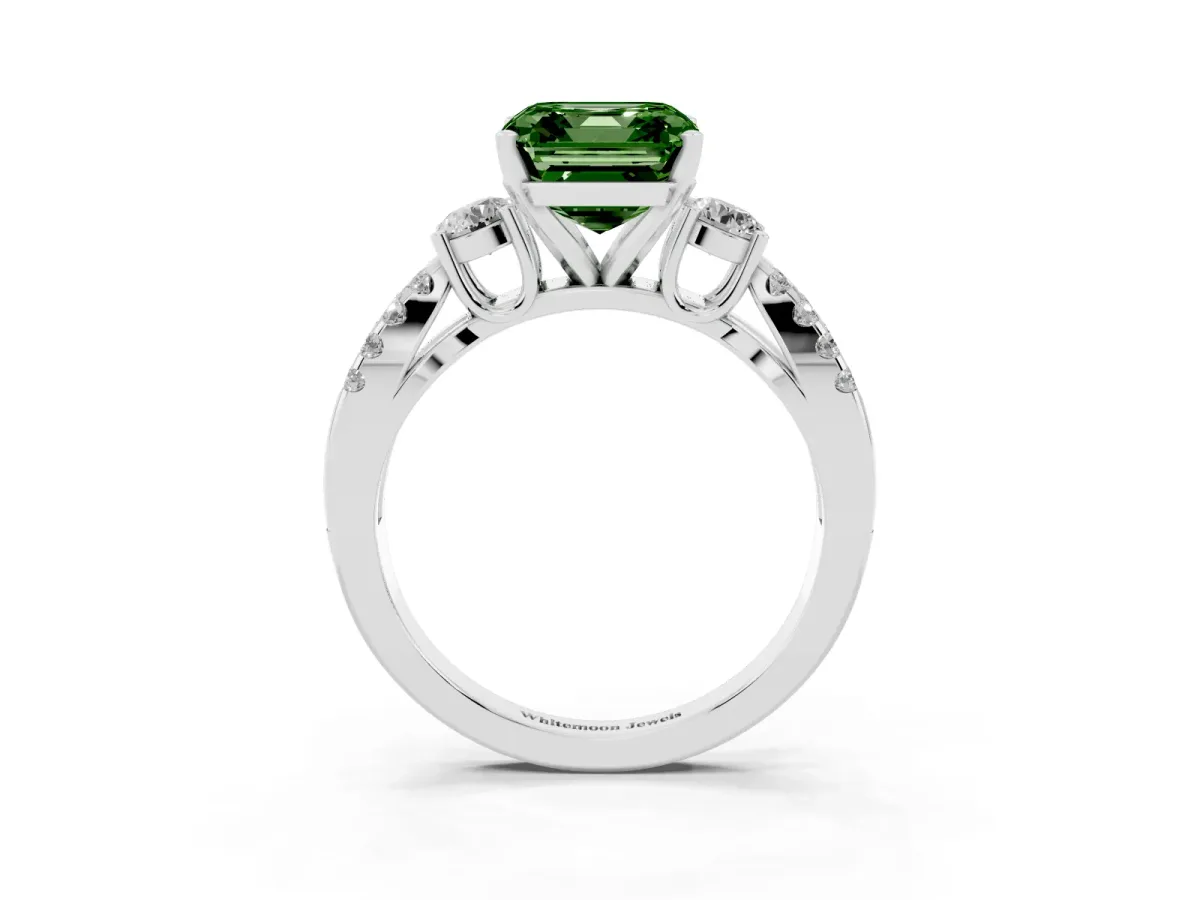 Fancy Green Asscher Cut Diamond Three-Stone Ring with Pavé Split Shank and Four-Prong Setting Platinum