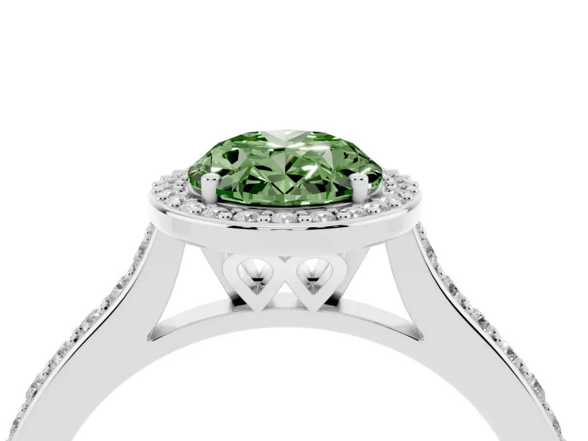 Fancy Green Oval Cut Diamond Halo Engagement Ring with Round Pavé Shoulders and Prong Setting Silver
