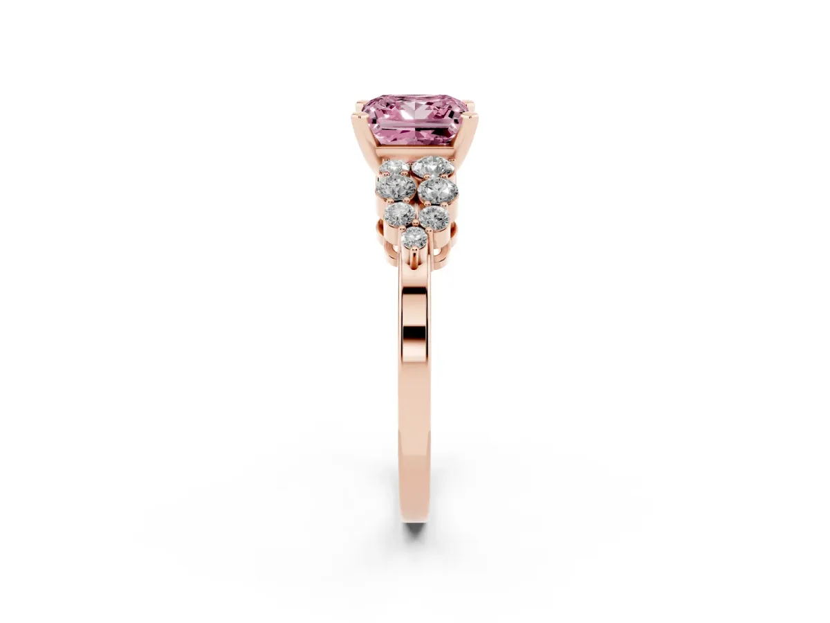 Fancy Pink Princess Cut Cluster Diamond Engagement Ring with Pavé Band and Four-Prong Setting Rose gold