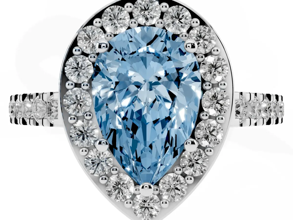 Fancy Blue Pear Cut Diamond Halo Ring with Round Pavé Split Shank and Prong Setting Platinum