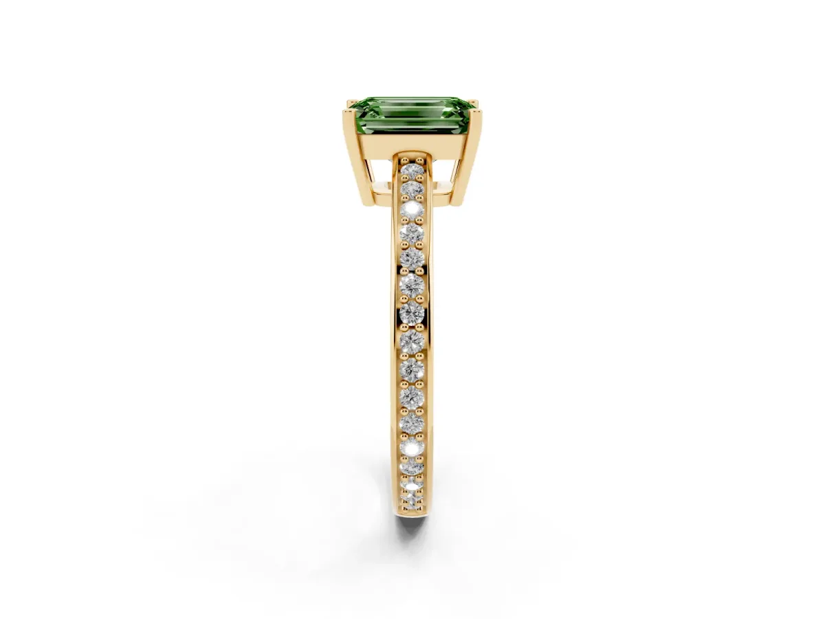 Fancy Green Emerald Cut Solitaire Pavé Band Prong Setting Ring Yellow gold