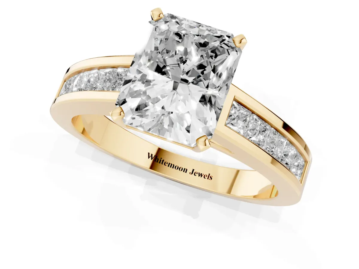 Radiant Cut Solitaire Diamond Ring with Channel-Set Band and Four-Prong Setting Yellow gold