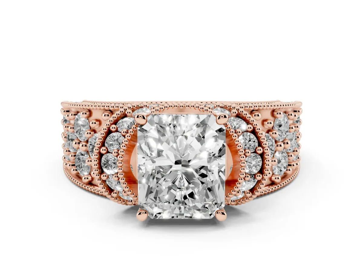Radiant Cut Halo Pave Diamond Engagement Ring with Milgrain Detailing Rose gold