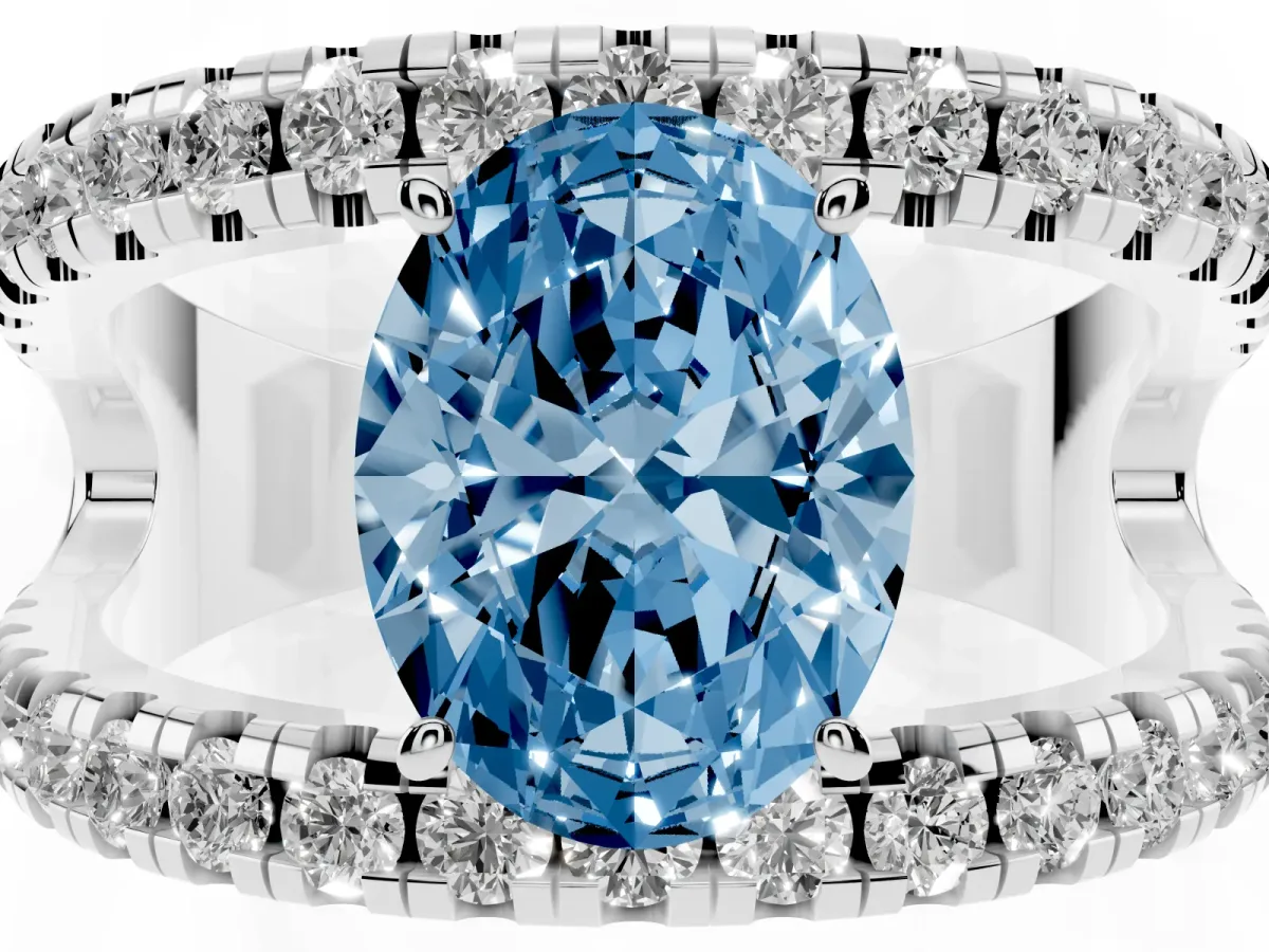 Fancy Blue Oval Cut Solitaire Split Shank Pave Diamond Ring Platinum
