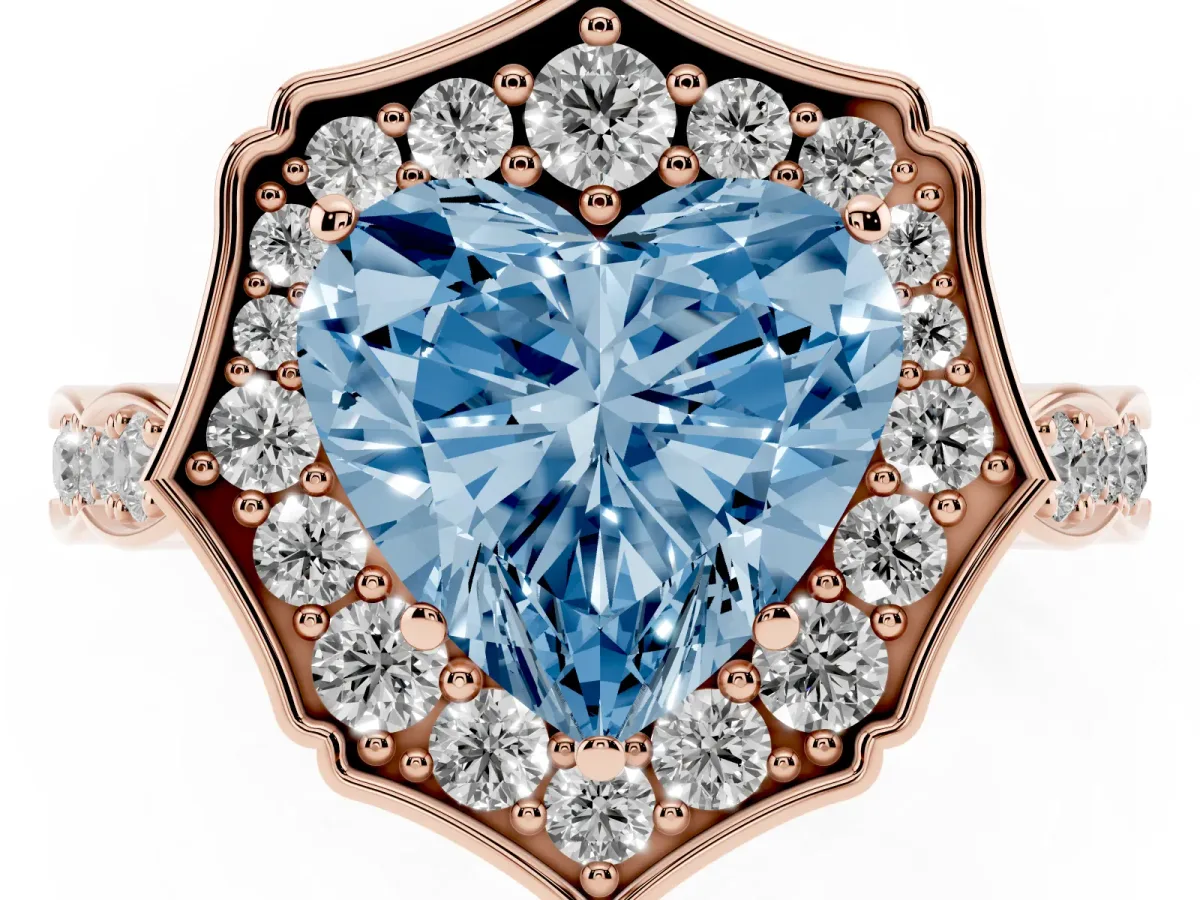Fancy Blue Heart Cut Halo Diamond Engagement Ring with Milgrain Band and Four-Prong Setting Rose gold