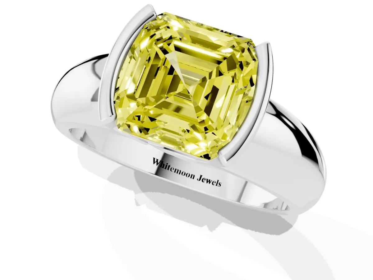 Fancy Yellow Asscher Cut Solitaire Tension Set Diamond Ring with Wide Band Silver